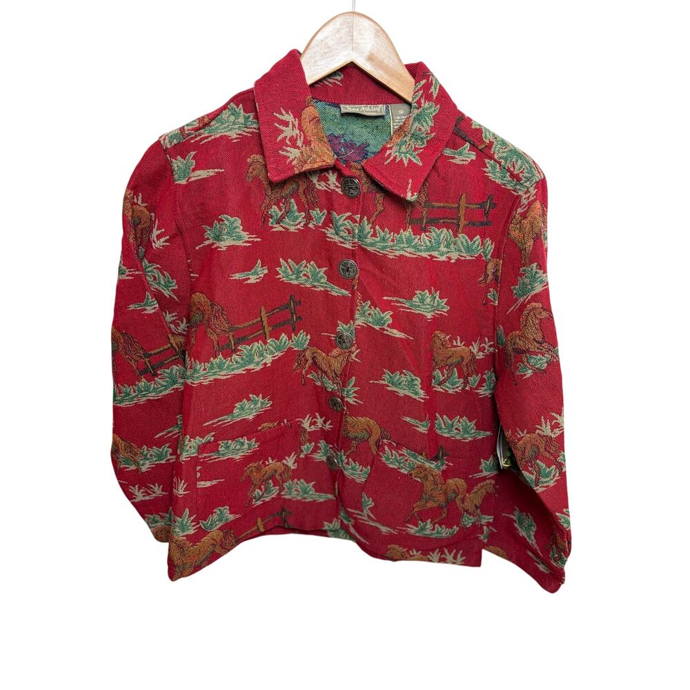 Vintage Jane Ashey Red Tapestry Jacket Horse Themed Western Pattern Size Medium